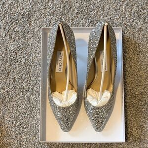 Jimmy Choo Romy 85 (Champagne Coarse Glitter Fabric Pointy Toe Pumps)